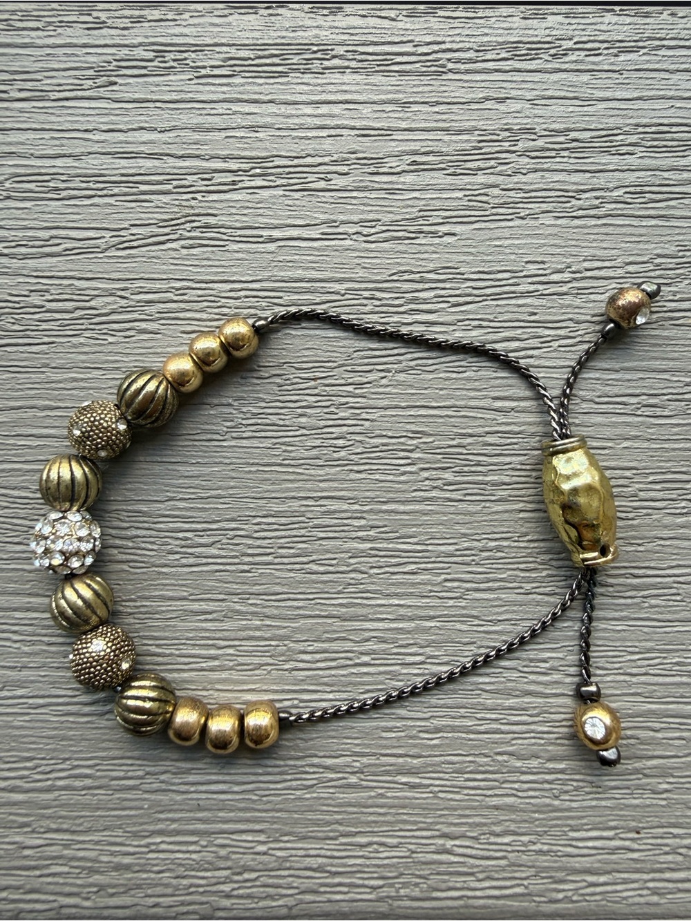 Adjustable Gold Tone Beaded Bracelet Rhinestone Accent Slider Closure